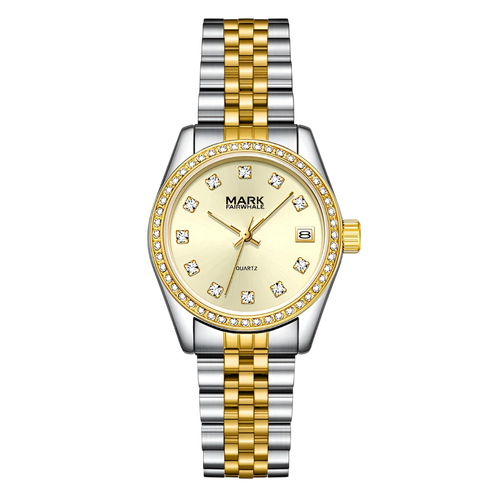 Gold and silver watch with diamond-studded face on a white background
