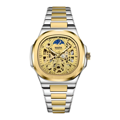 Gold and silver watch with visible brand name on a white background