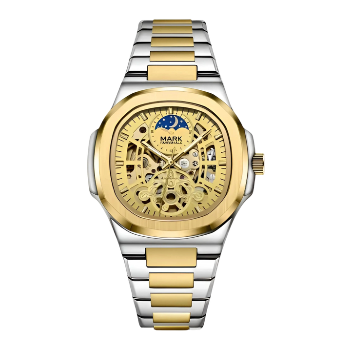 Gold and silver watch with visible brand name on a white background