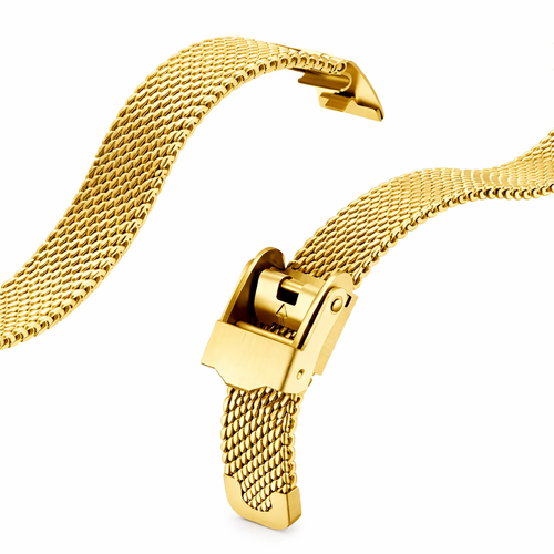 Gold mesh watch strap on a white background