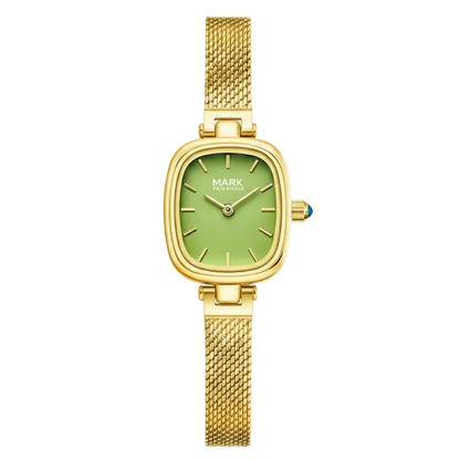 Gold watch with a green face on a white background