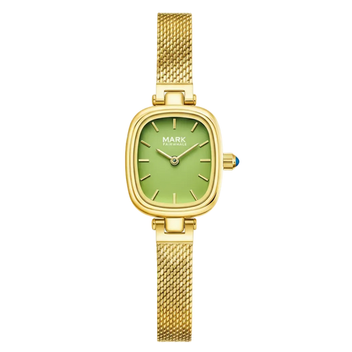 Gold watch with a green face on a white background