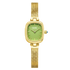 Gold watch with a green face on a white background