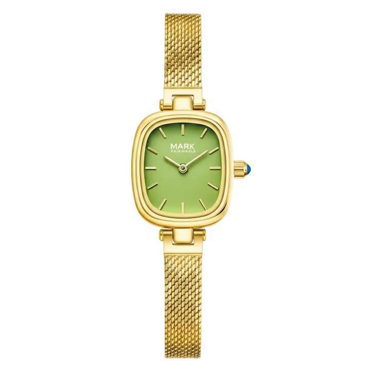 Gold watch with a green face on a white background