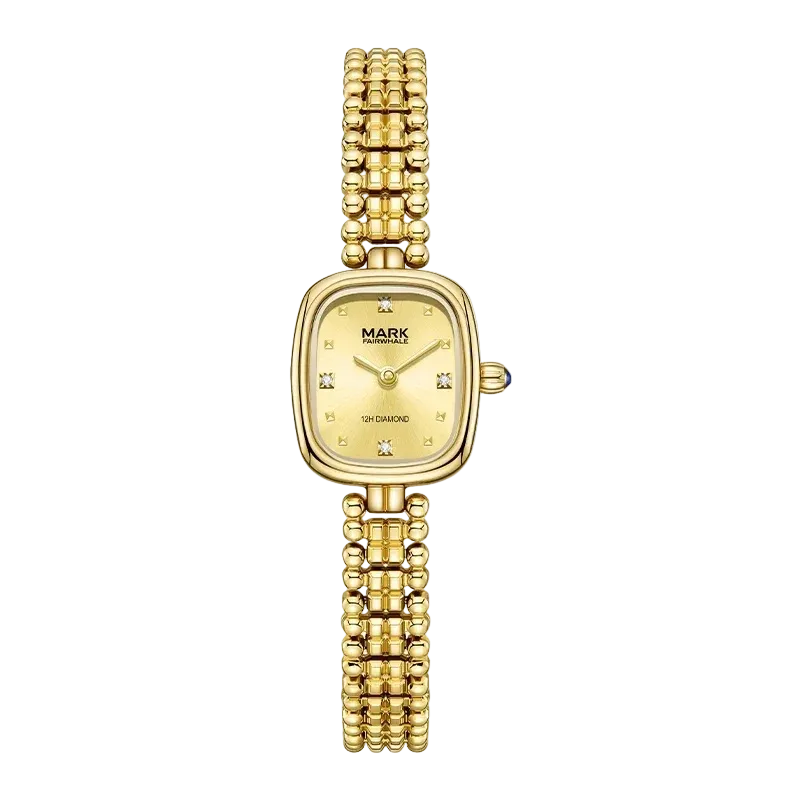 Gold watch with a square face on a white background