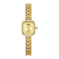 Gold watch with a square face on a white background