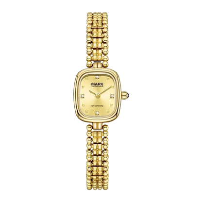 Gold watch with a square face on a white background
