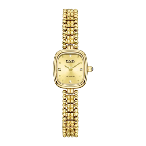 Gold watch with a square face on a white background