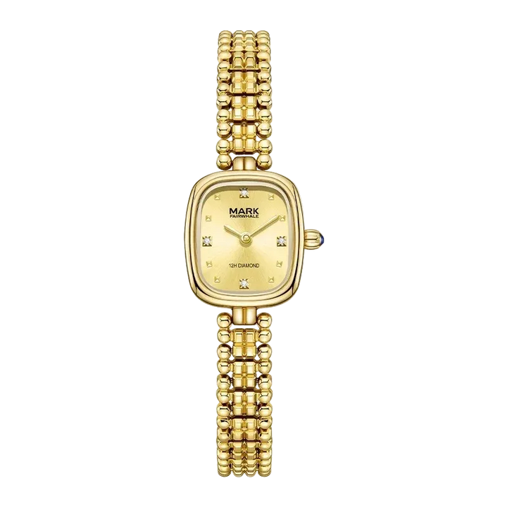 Gold watch with a square face on a white background