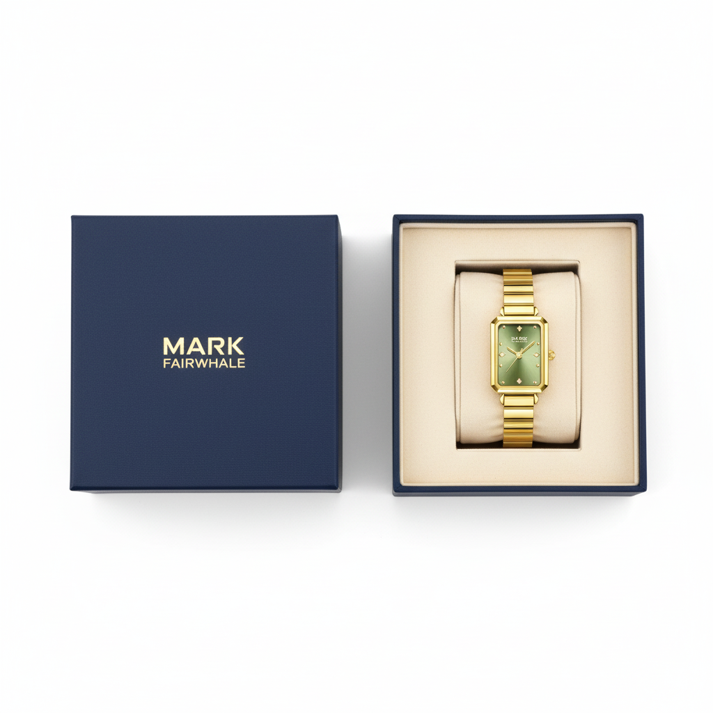Gold watch in a Mark Fairwhale box on a white background