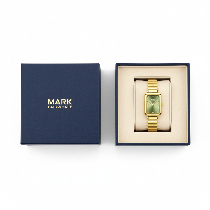 Gold watch in a Mark Fairwhale box on a white background