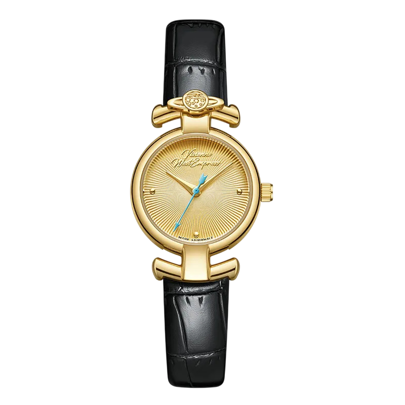Gold watch with black strap on a white background