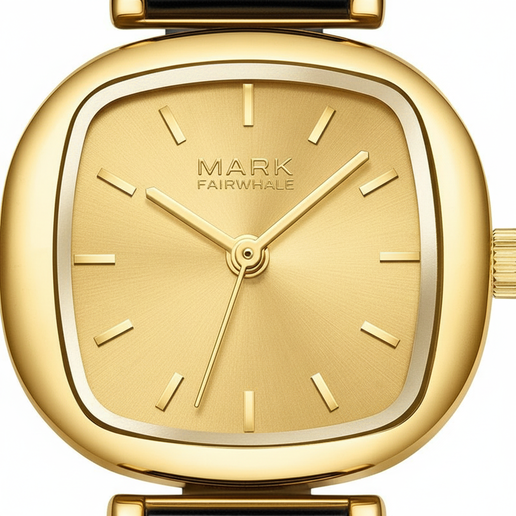 Gold watch with 'Mark Fairwhale' branding on a white background