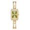 Gold watch with a green face on a white background