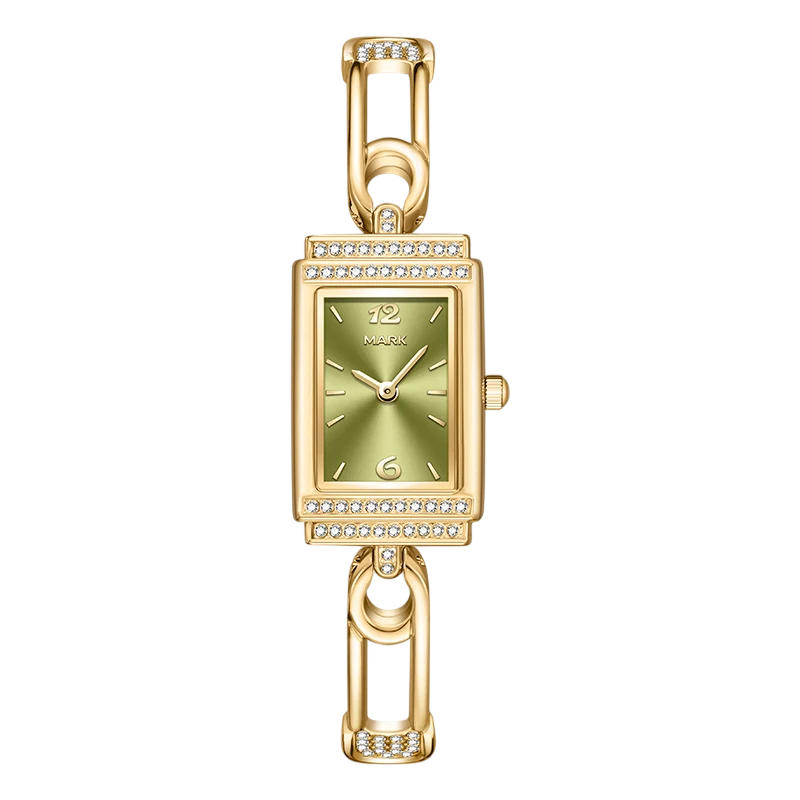 Gold watch with a green face on a white background