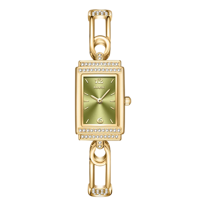 Gold watch with a green face on a white background