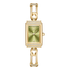Gold watch with a green face on a white background