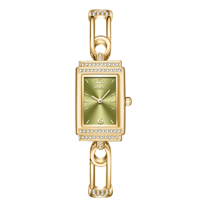 Gold watch with a green face on a white background