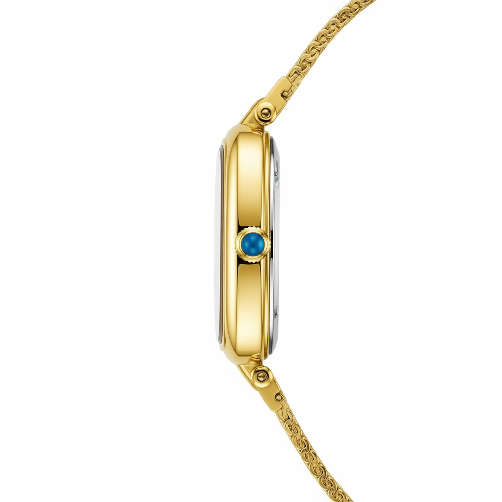 Gold watch with a blue gemstone on a white background