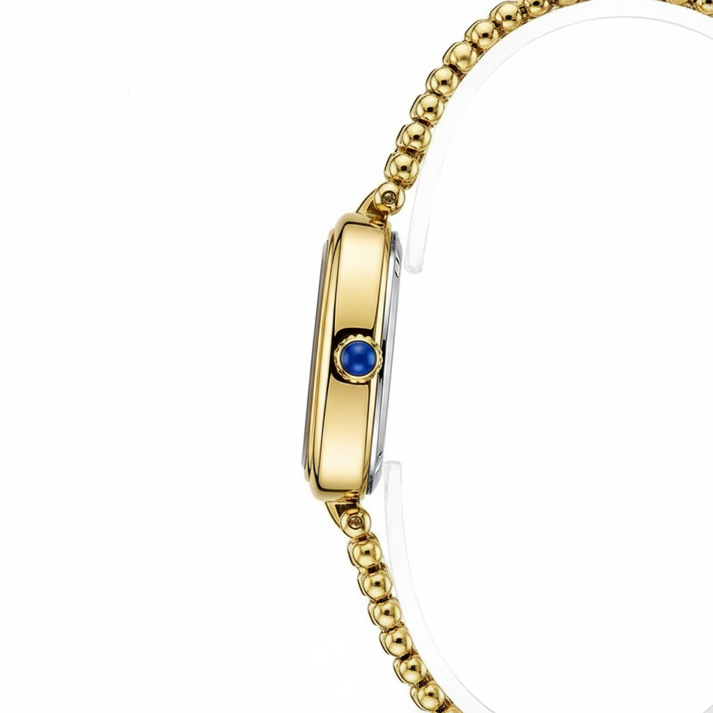 Gold watch with a blue gemstone on a white background