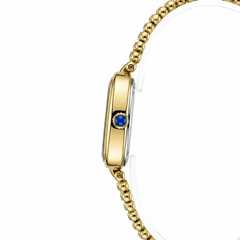 Gold watch with a blue gemstone on a white background