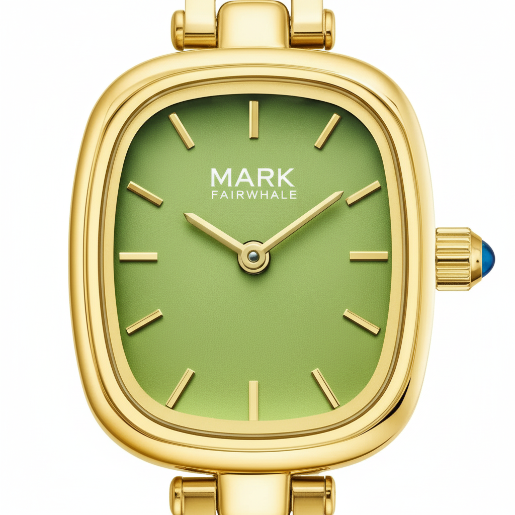 Gold watch with a green face and 'Mark Fairwhale' branding on a white background