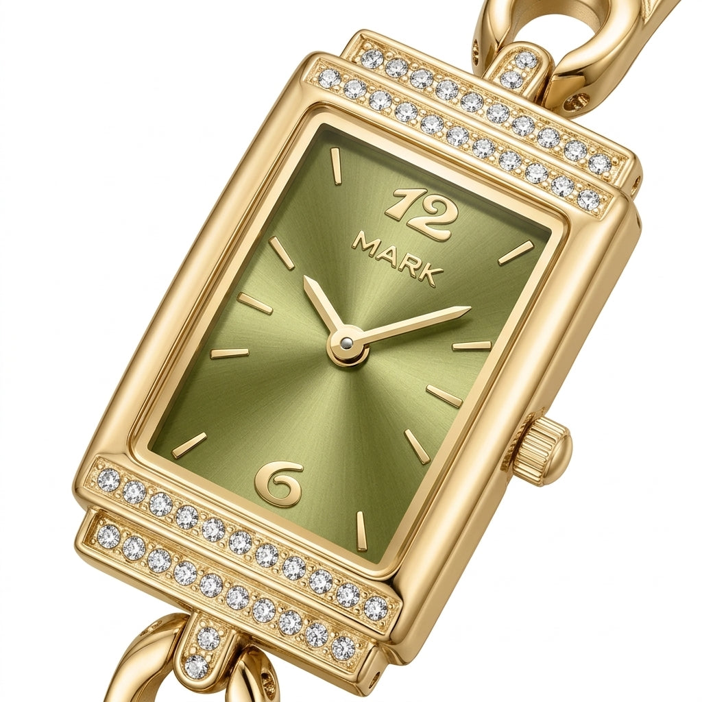 Gold watch with a green face and diamond accents on a white background