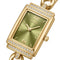 Gold watch with a green face and diamond accents on a white background