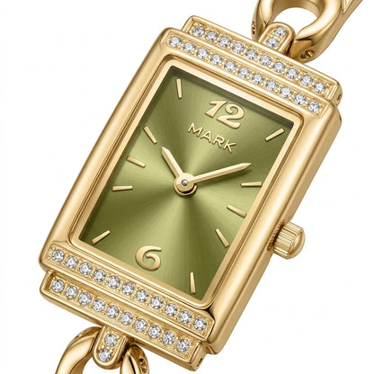 Gold watch with a green face and diamond accents on a white background