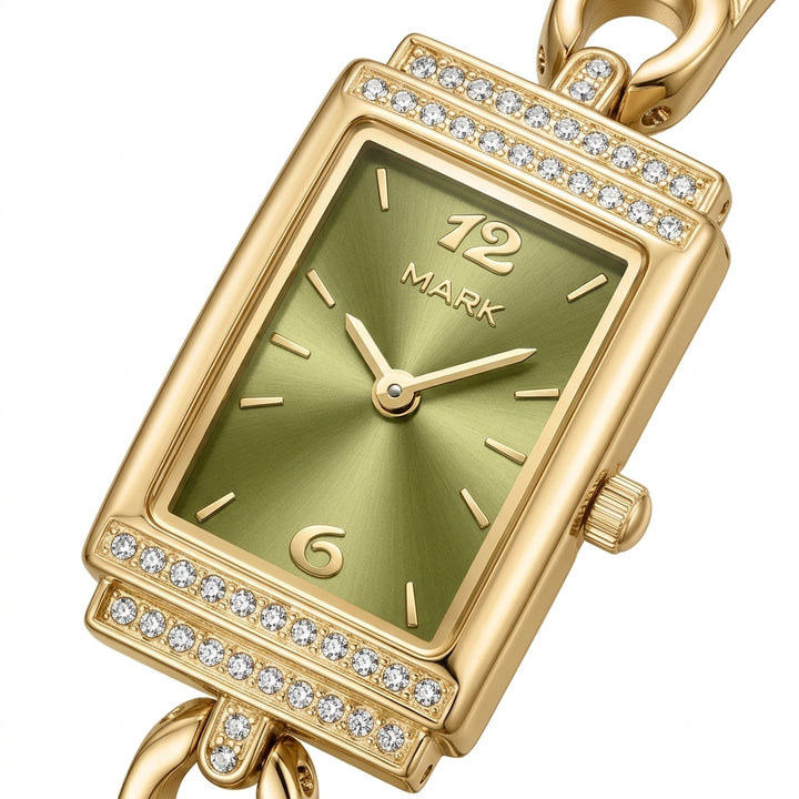 Gold watch with a green face and diamond accents on a white background