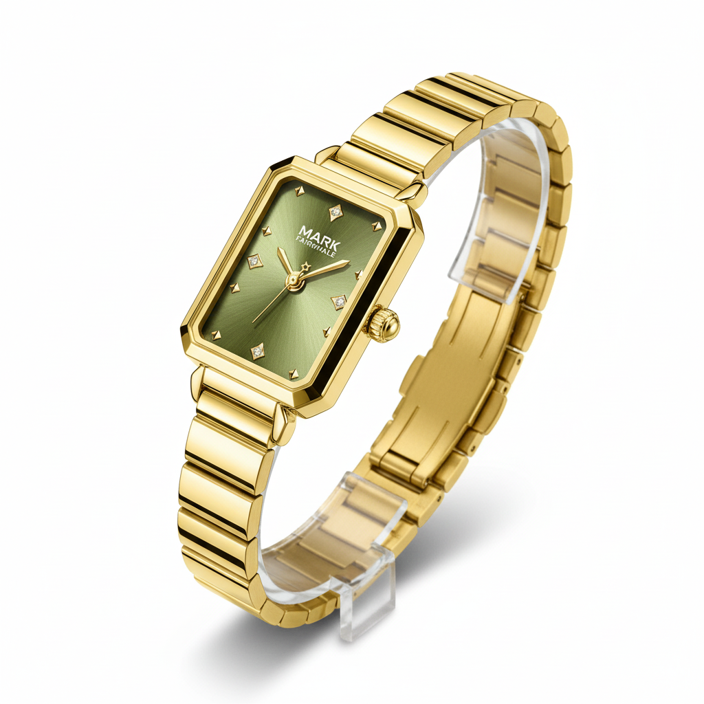 Gold watch with a green face on a white background
