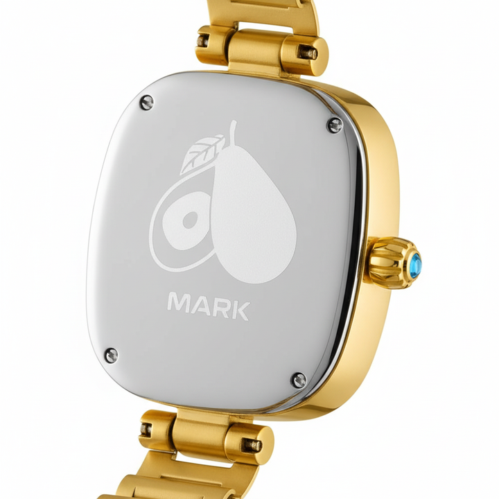 Gold watch with a silver face displaying a brand logo and text on a white background