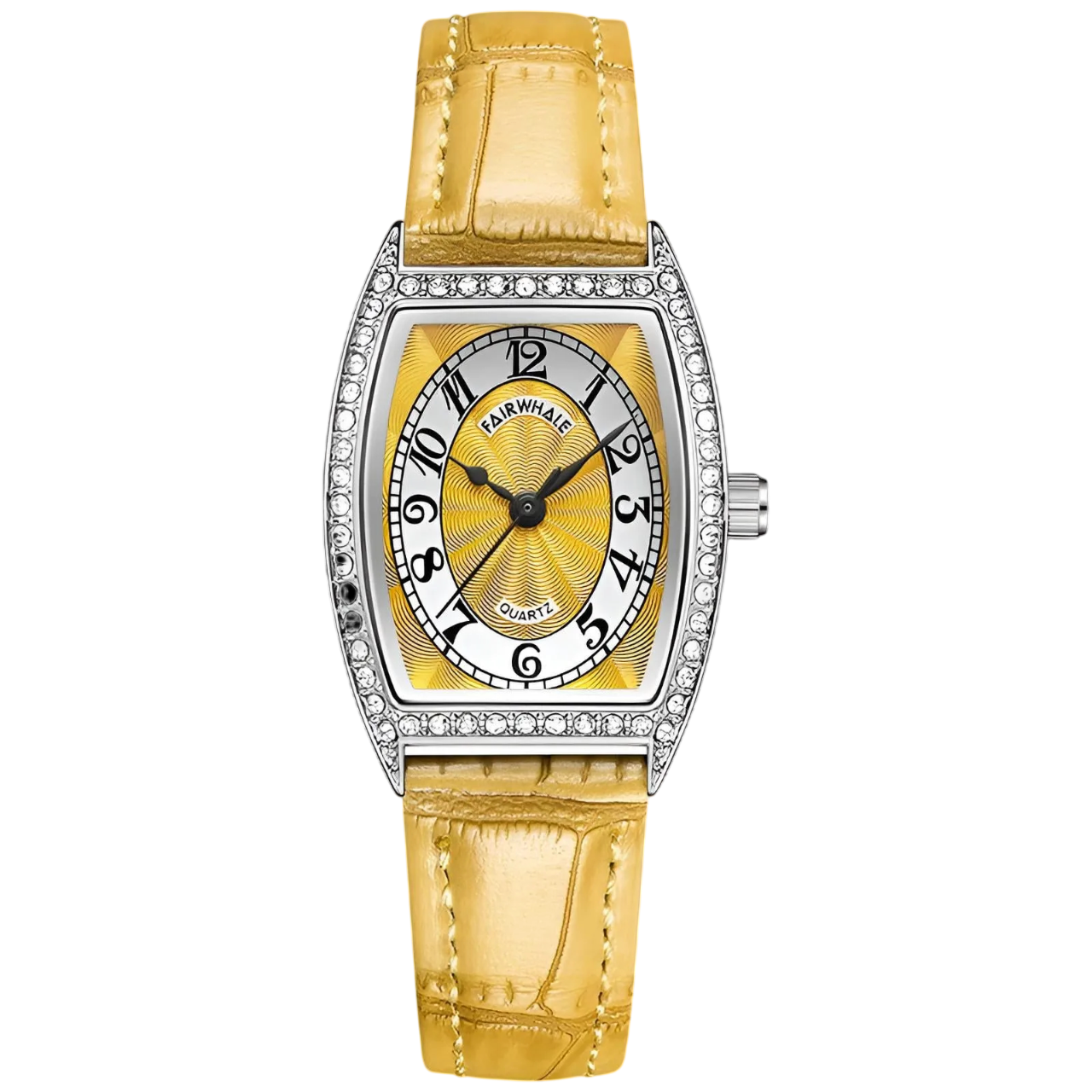 Gold watch with a white face on a white background
