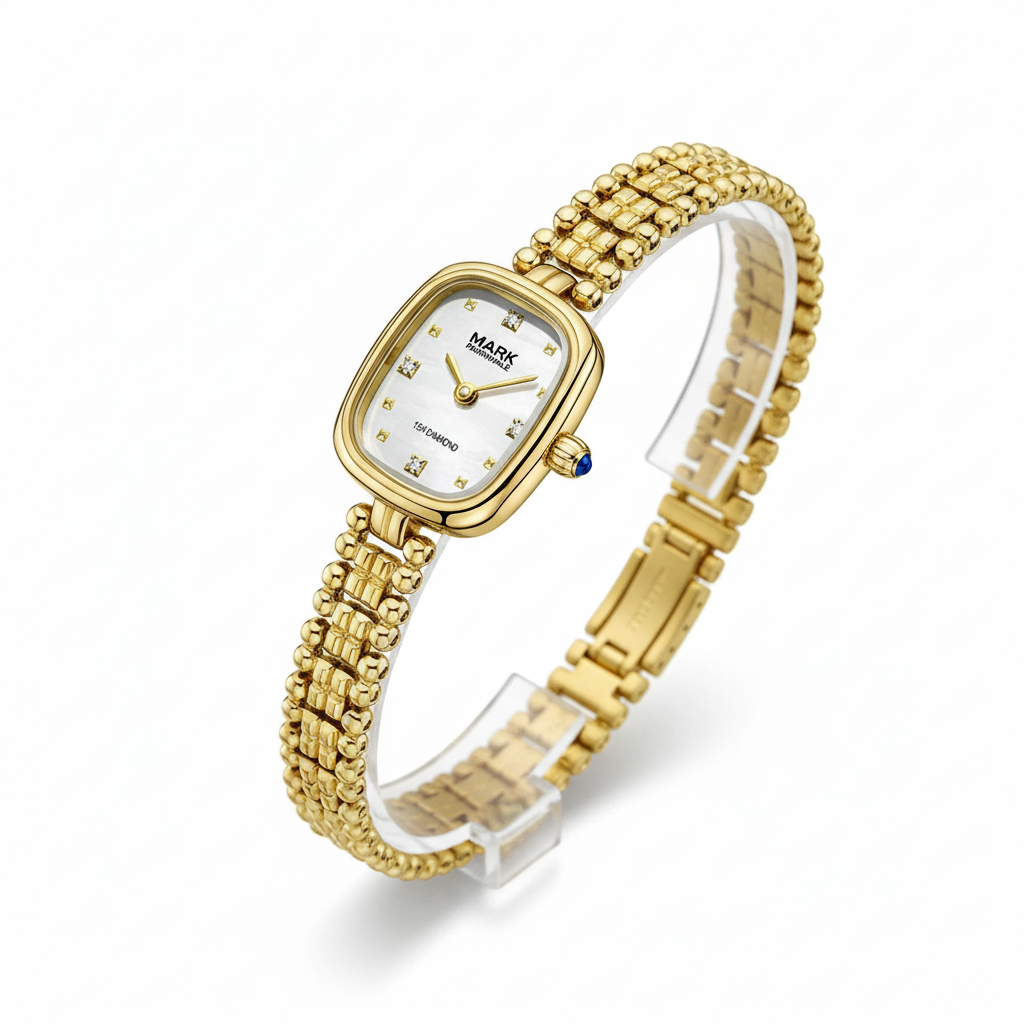 Gold watch with a white face on a white background