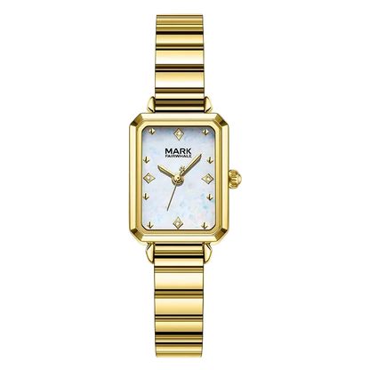 Gold watch with a white face on a white background