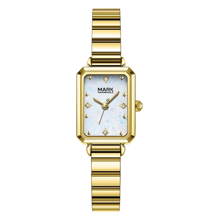 Gold watch with a white face on a white background