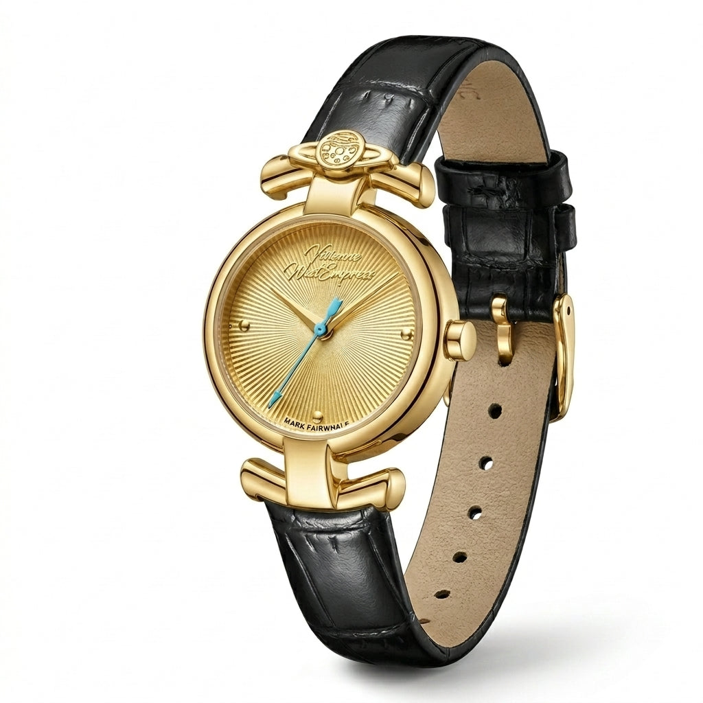Gold watch with black leather strap on a white background
