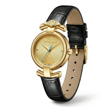 Gold watch with black leather strap on a white background