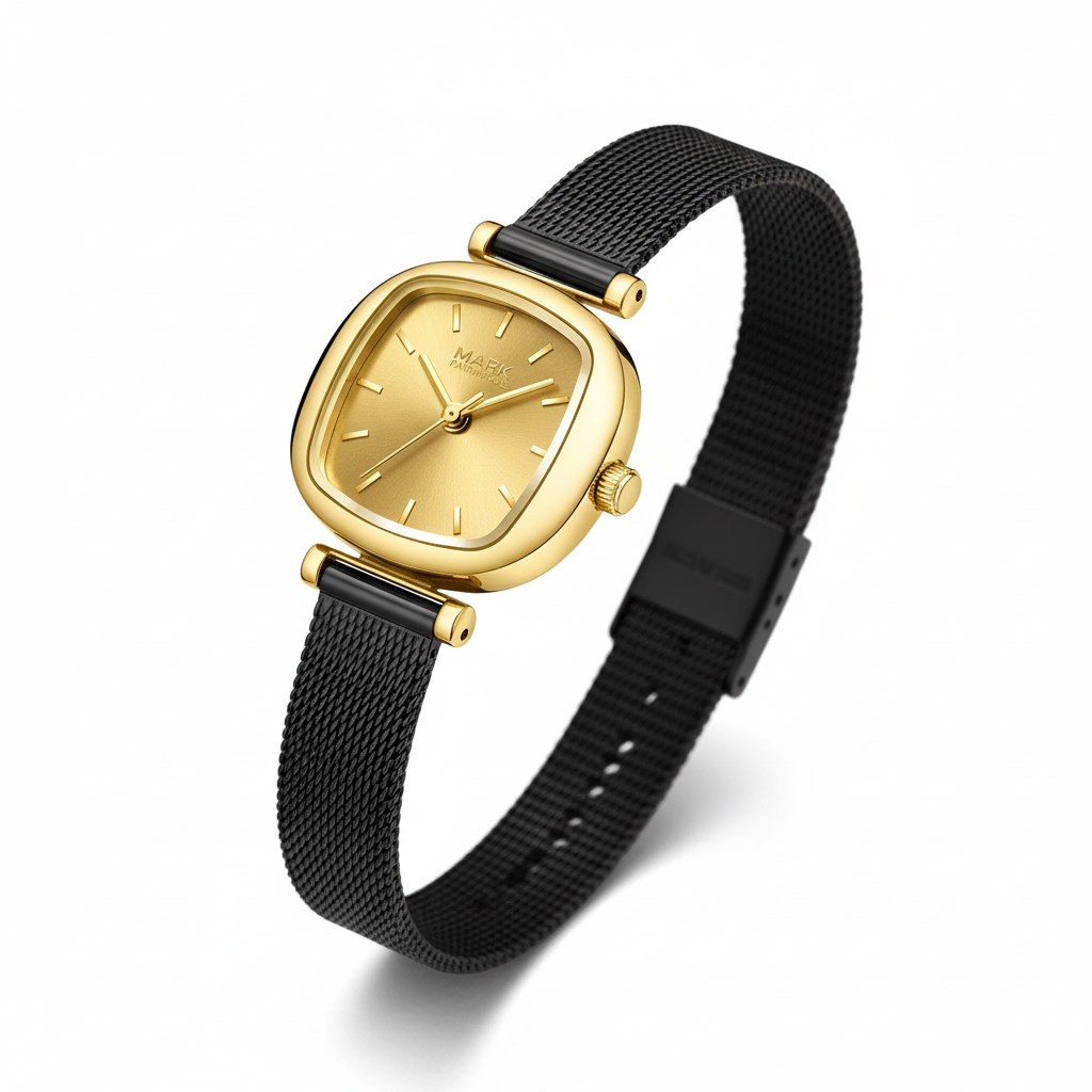Gold watch with black mesh strap on a white background