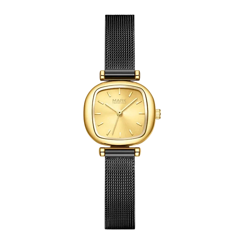 Gold watch with black mesh strap on a white background