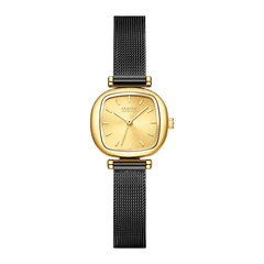 Gold watch with black mesh strap on a white background