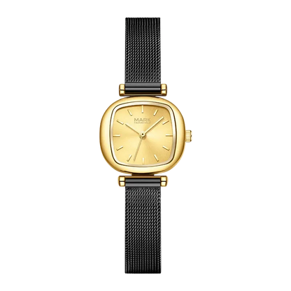 Gold watch with black mesh strap on a white background