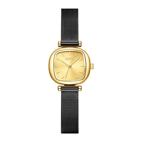 Gold watch with black mesh strap on a white background