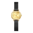 Gold watch with black mesh strap on a white background