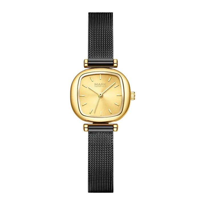 Gold watch with black mesh strap on a white background