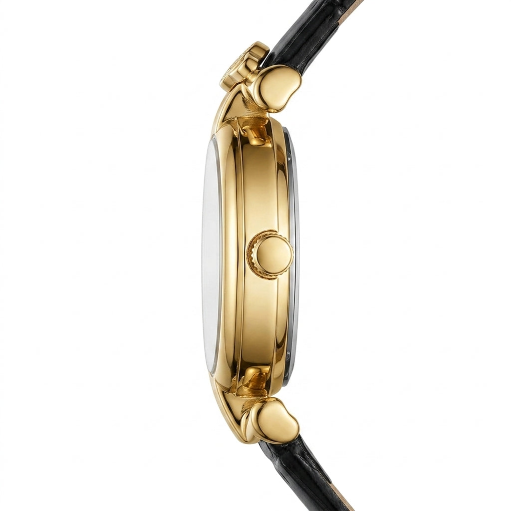 Gold watch with black strap on a white background