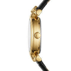 Gold watch with black strap on a white background