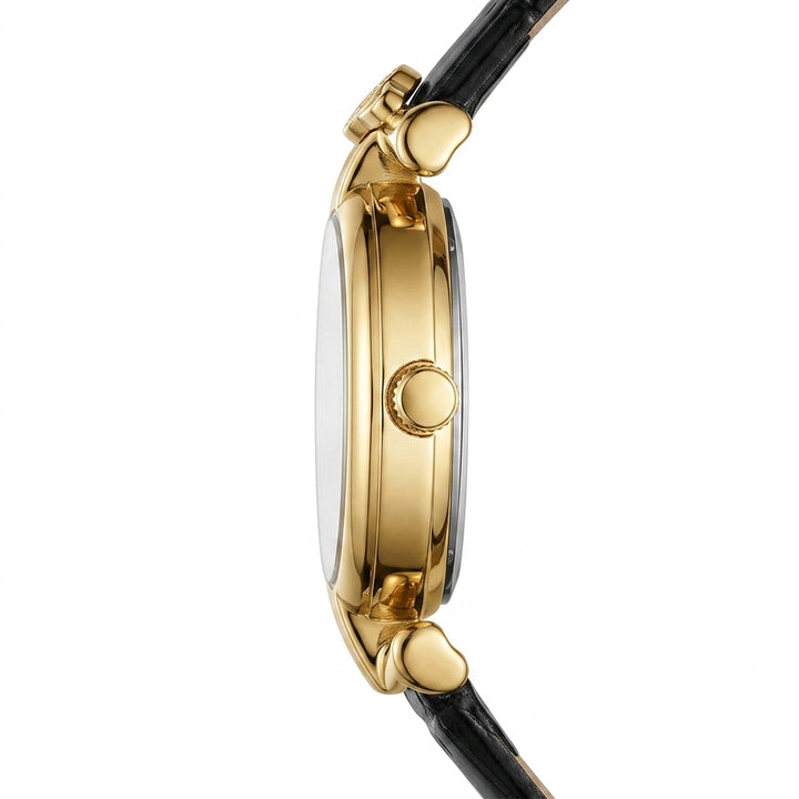 Gold watch with black strap on a white background