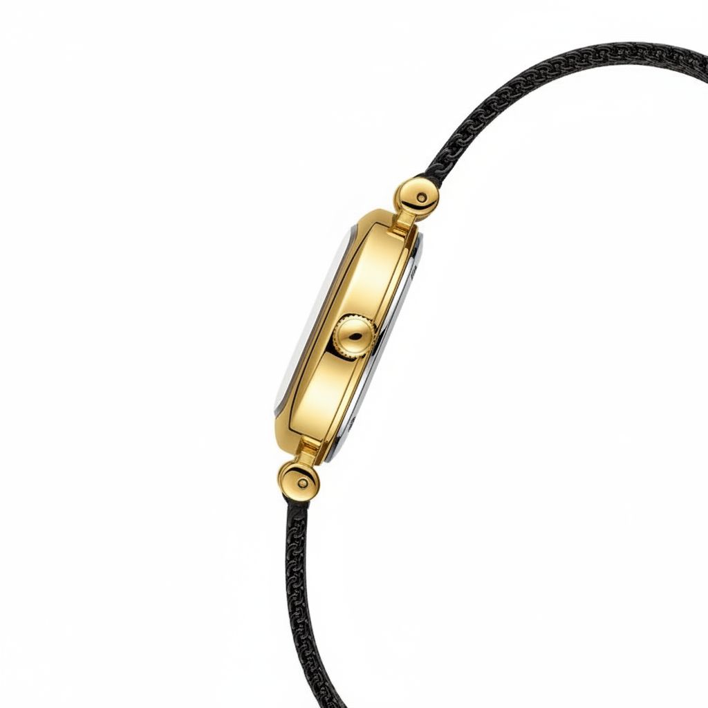 Gold watch with black strap on a white background