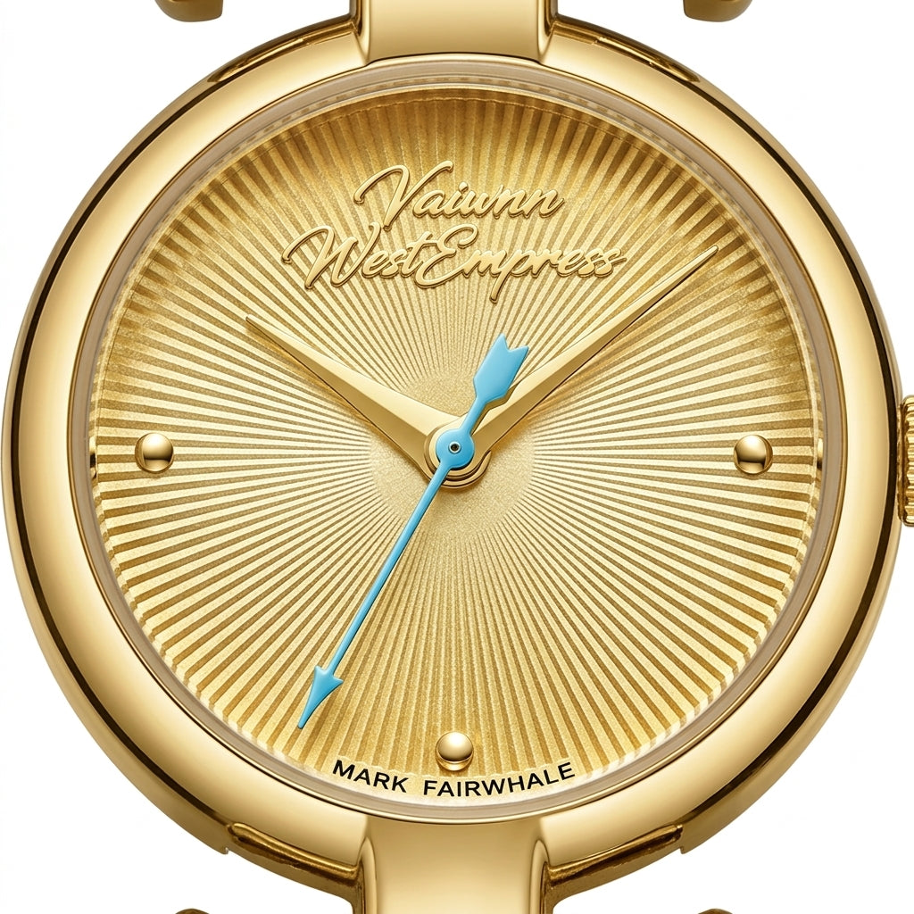 Gold watch with blue hands and 'Mark Fairwhale' branding on a white background